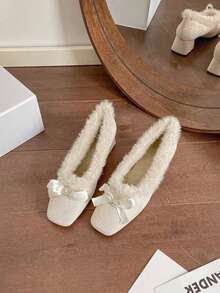 Women's Square Toe Fuzzy Low Vamp Mary Jane Shoes With Bow, Rhinestone, Chunky Heel, Thermal Lining, Gentle Style, Autumn/Winter - Apricot - View 3