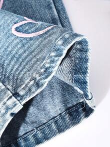 Baby Girls Elastic Waist Heart Pattern Straight Leg Denim Jeans - Blue - View 6