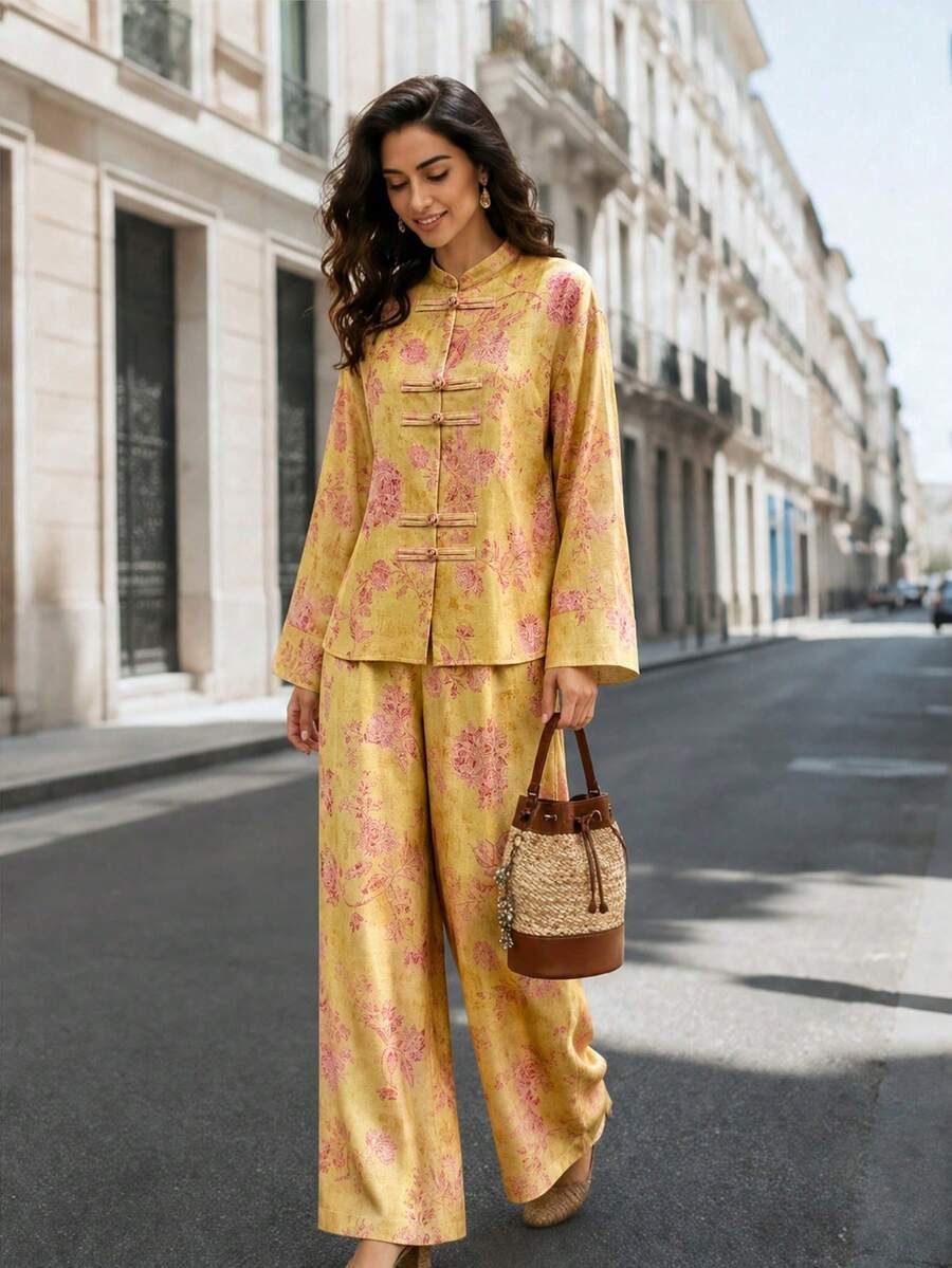 Women's Eye-Catching Chinese Vintage Suit, Women's Arabic Costume Set, Bright Glossy Yellow Fabric With Subtle Vintage Pink Peony Floral Print, Exquisite Chinese Frog Buttons On Front, High Waist Wide Leg Cut, Casual, Combining Classical Beauty And Modern Urban Style, Women's Two Pieces Set