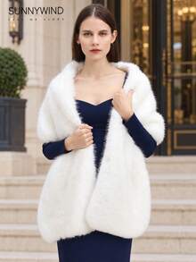 1pc Women's Solid Color Fashion Polyester Faux Fur Shawl, Suitable For Bridal, Evening Party And Autumn/Winter Daily Wear - Pure White - View 2