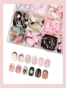 288pcs/12sets Oval False Nails Polka Dot French Manicure Star Plaid Bow Mixed Design Cute Autumn Wearable Nails Suitable For Daily Wear, Party And Wedding With Nail Tool Set Perfect Manicure Gift For Girls - Multicolor - View 3