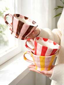 1pc Hand Painted Striped Ceramic Mug, Wavy Rim Large Capacity Coffee Cup, Cute Colorful Breakfast Mug For Milk Oatmeal, Home Kitchen Drinkware - Multicolor - View 4
