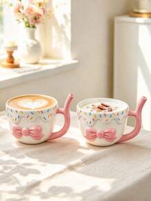1pc Creative Embossed Bow Mug, Coffee Cup, Straw Handle Design, Ceramic Straw Cup, Cola Cup, Cold Drink Cup, Breakfast Soy Milk Cup, Hand Wash Only, Reusable, Ideal Gift - Multicolor - View 7
