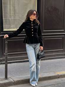 Velvet Stand Collar Gold Button Ruffle Long Sleeve Cropped Jacket, Elegant Slim Fit Autumn Short Coat - Black - View 7