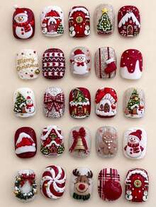 2pcs 5D Embossed Christmas Macaron Snowman Christmas Tree Nail Art Stickers Winter Red Snow Hut Snowman Snowflake Nail Decals Merry Christmas Cartoon Manicure Decoration - Multicolor - View 4