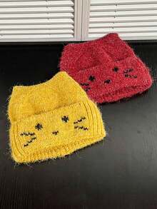 1pc Women's Y2k Cute With Embroidered Lovely Kitten Knit , Soft Cartoon Embroidered Skull Caps, Suitable For Autumn/Winter Warmth Daily Wear. - Cat Ear Embroidery - View 3