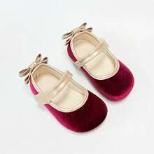 Girls' Mary Jane Shoes With Gold Trim, Bow And Hook & Loop Closure, Suitable For Autumn/Winter Holiday Party Outfits - Red - View 2