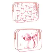 1pc Cute Pink Bow Print Transparent Makeup Bag, Waterproof PVC Clear Toiletry Pouch, Portable Adorable Cosmetic Organizer For Girl Daily Use - Transparent - View 1