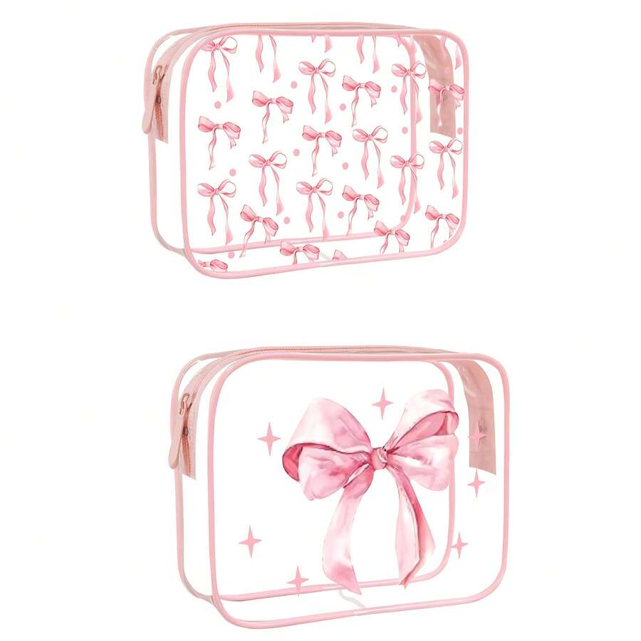 1pc Cute Pink Bow Print Transparent Makeup Bag, Waterproof PVC Clear Toiletry Pouch, Portable Adorable Cosmetic Organizer For Girl Daily Use - Transparent - View 1