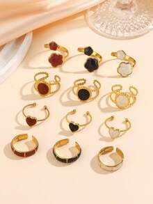 4pcs Stainless Steel 18K Gold Plated Geometric Bamboo, Heart, Flower, Oval Black White Red Drip Oil Open Ring Set. Minimalist Niche Design Suitable For Women's Daily Wear. - Multicolor - View 3
