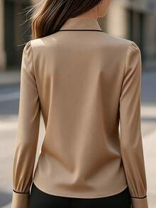 Women's Colorblock Long Sleeve Shirt With Knot Detail, Contrast Trim And Shirt Collar, Casual Office Commute Top, Suitable For All Seasons - Light Khaki - View 5
