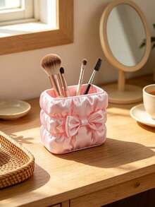 Girl Style Bow Knot Pleated Makeup Storage Bucket, Faux Satin Fabric Texture, Square Large Capacity, Can Store Makeup Tools, Also Serve As Desktop Pen Holder, Dual-Use Storage Container For Vanity And Desk - Multicolor - View 5