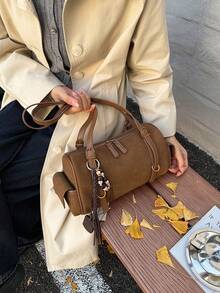 Shoulder Bag With Horizontal Cylindrical Body, Multi-Section Adjustable Strap, Beaded And Braided Tassel Charms On The Side, Multiple Metal Rings And Buckles. Spacious Interior For Carrying Personal Items, Shoulder Carry, Vintage Relaxed Vibe, Suitable For Daily Outings And Casual Wear - Brown - View 3