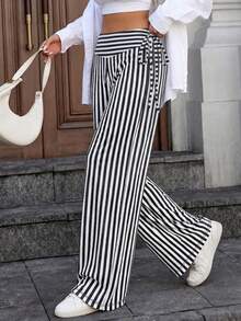 Women's Striped Casual Versatile Wide Leg Pants For Daily Wear - Black and White - View 4