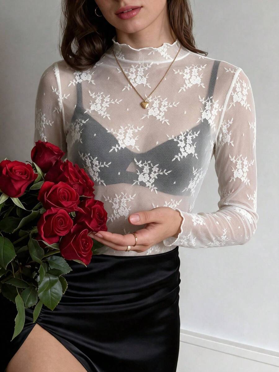 Vela Rue Solid Color Lace Sheer Sexy Innerwear Top For Home