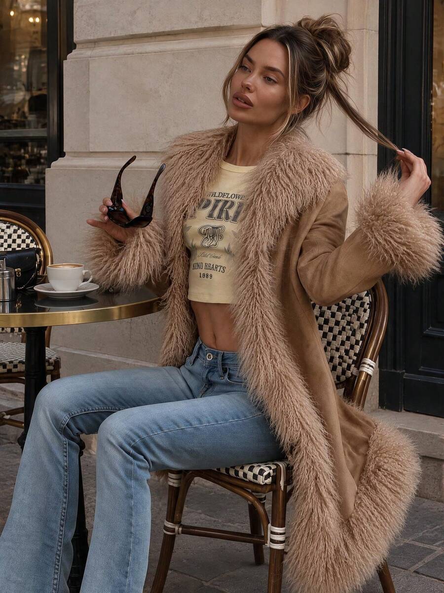 Street Romantic Women's Faux Fur Long Pile Mid-Length Coat, With Collar And Long Regular Sleeves, Essential Autumn/Winter Outdoor Faux Fur Jacket - Camel - View 1