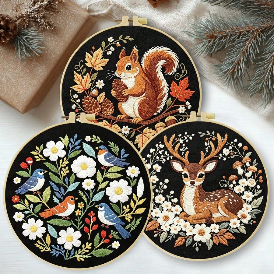 15*15cm/5.9*5.9in 20*20cm/7.9*7.9in,Forest Animals Embroidery Kit, DIY Handmade Embroidery Set For Adult Beginners, Home Gift, Women's Sewing Gift, Including User Manual, Printed Pattern Fabric, Embroidery Frame, Needle And Thread.