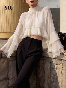 YIU LUMOS Women's Beige Mock Neck Crop Top, Gathered Neckline Double Ruffle Sleeve Ruffle Hem, Romantic Coquette Blouse For Fall Winter - Beige - View 6