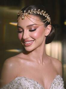 1pc Elegant Handmade Wedding Bridal Rhinestone Forehead Hair Accessory Head Chain Headband For Prom Party - Champagne - View 2