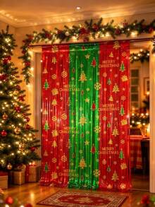 1pc Red And Green Christmas Tinsel Backdrop – Featuring Snowflakes, Christmas Trees, And "Merry Christmas" Lettering; Perfect For Christmas Decor, Photo Props, New Year's Parties, Winter-Themed Events, And More. - Style 1 - View 2