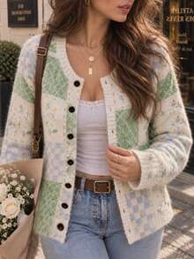 Women's Patchwork Pattern Single-Breasted Long Sleeve Knit Cardigan - Off White - View 3