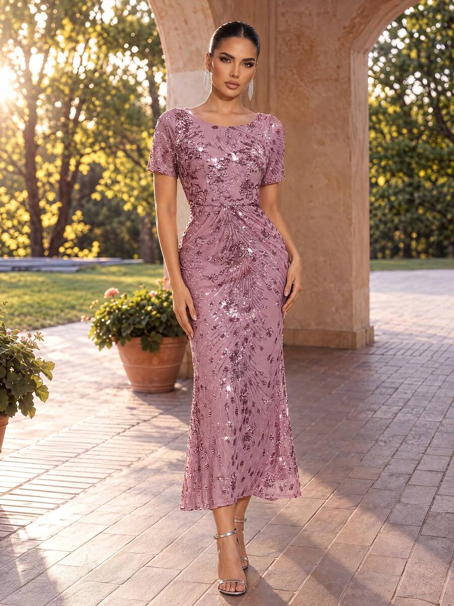 EVERPRETTY Elegant Women's Short Sleeve Round Neck Floral Beaded Formal Evening Gown Fall Wedding Party