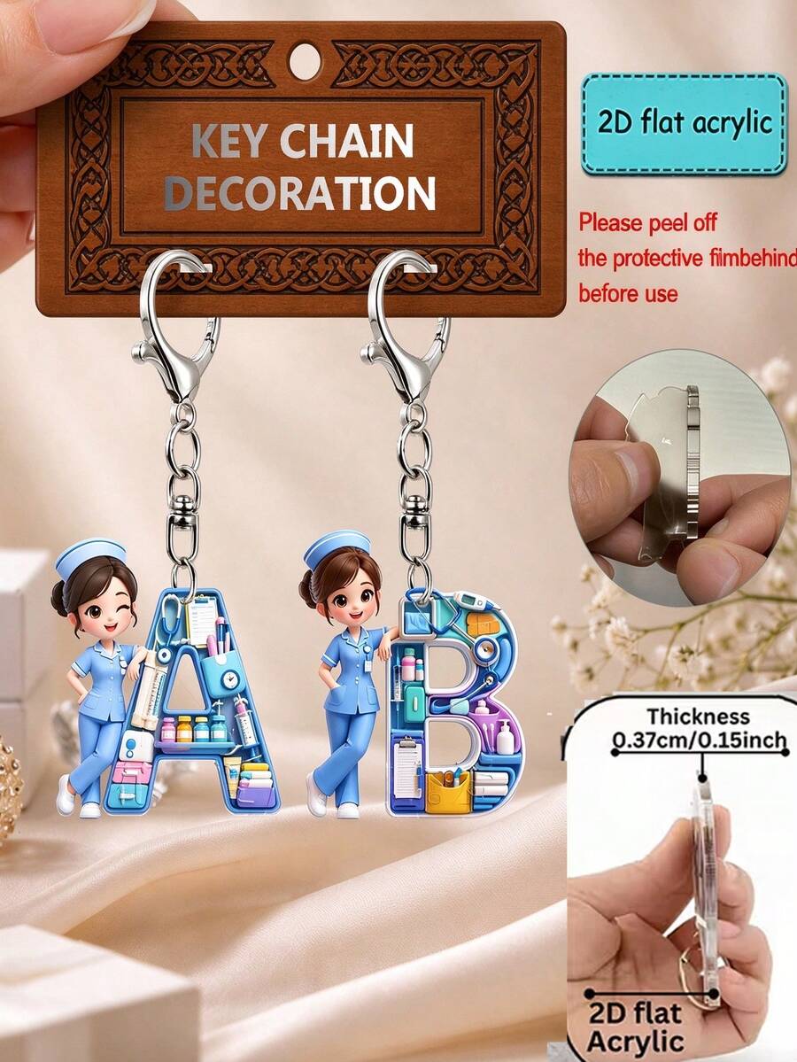 [2D Flat] Acrylic Keychain, Nurse Letter Keychain, Novelty Keychain, 26 Letters, Nurse, Blue Nurse Uniform, Keychain Accessory, Fashion Accessory - Multicolor - View 1