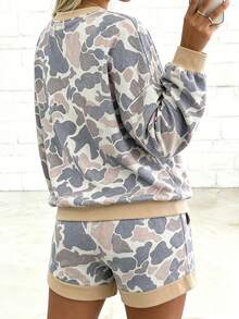 Acelitt Spring/Autumn Casual Camouflage Print Loose Crew Neck Sweatshirt And Shorts Set, Suitable For Daily Home Wear And Street Style - Multicolor - View 3