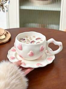 1 Set 3D Pink Embossed Heart Ceramic Coffee Cup & Saucer, Korean Ins Aesthetic Cute Latte Mug, Handmade Wavy Edge Tea Cup, Home Kitchen Table Decor, Valentine Gift For Women - Multicolor - View 9
