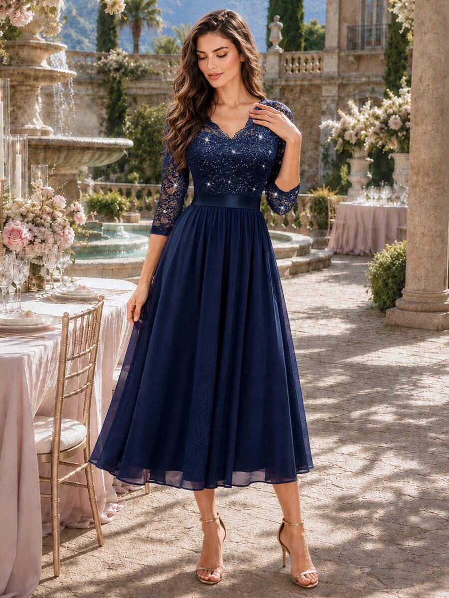 MIUSOL Elegant V-Neck Sequin Floral Lace Pleated Chiffon 3/4 Sleeve Party Swing Dress, Spring/Summer Dress, A-Line Dress, Midi Dress