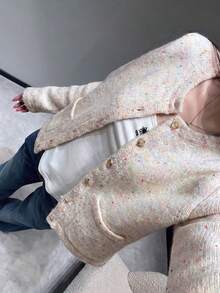 Women's Short Crew Neck Long Sleeve Button Front Ribbed Knit Cardigan With Pockets, Slightly Elastic, Autumn/Winter - Apricot - View 2
