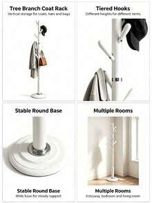 Freestanding Coat Rack, Modern Tree Shape Coat Hanger With Multi Hooks, Heavy Duty Round Base, Space Saving Clothes Hat Bag Holder, Suitable For Entryway, Bedroom, Hallway - Multicolor - View 6
