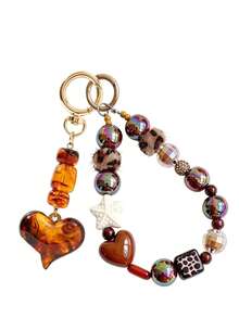 Vintage Style Heart-Shaped Keychain With Amber And Tortoiseshell Patterns;Bag Charm Featuring Mayan Inspired Leopard Print And Brown Bead Accents Christmas Gift - Multicolor - View 13