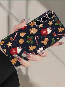 1pc TPU Dark Background Christmas Gingerbread Man Print Phone Case, Cute Hot Cocoa Candy Cane Holly Berry Pattern Shockproof Soft Protective Phone Cover, Compatible With Samsung, Series Phones - Black - View 6