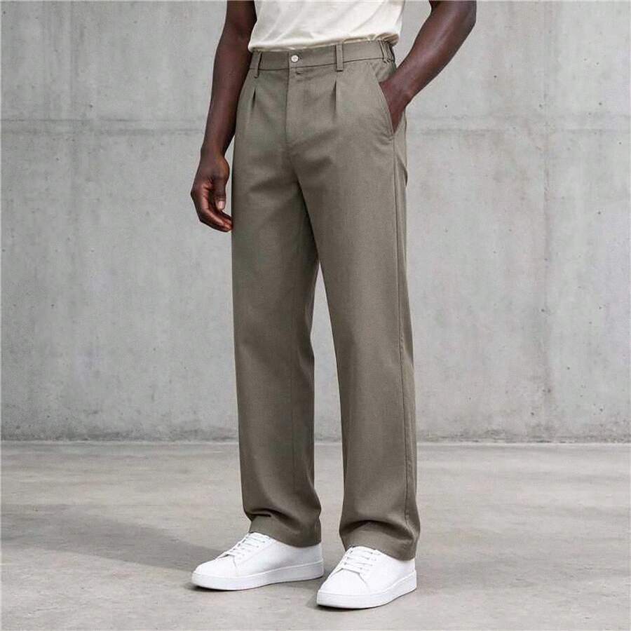 Khaki Semi-Elastic Waist Pleated Straight Leg Trousers, Drapey Loose Fit Business Casual Commuter Pants For Men