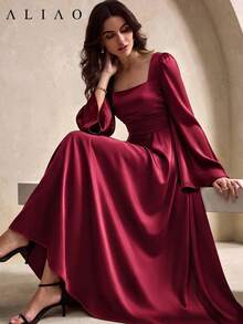 ALIAO Vestido Maxi de Satén Sólido con Cuello en U, Espalda Descubierta, Mangas Acampanadas y Corte A para Otoño e Invierno, Elegante para Boda, Vacaciones, Citas y Fiestas - Burdeos - Ver 3