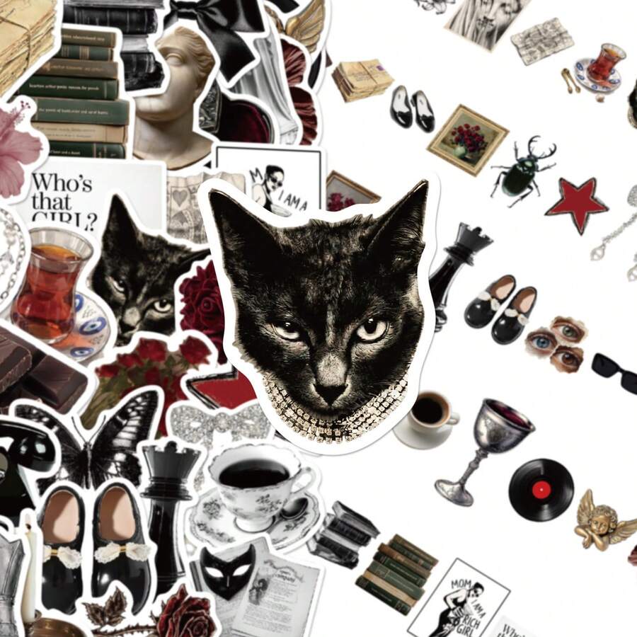 50Pcs Gothic Retro PVC Stickers, Moody Character Antique Item Pattern Stickers For Craft Notebook Box Decor - Multicolor - View 1