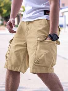 Men's Solid Color Drawstring Multi-Pocket Work Shorts Street Style - Khaki - View 3