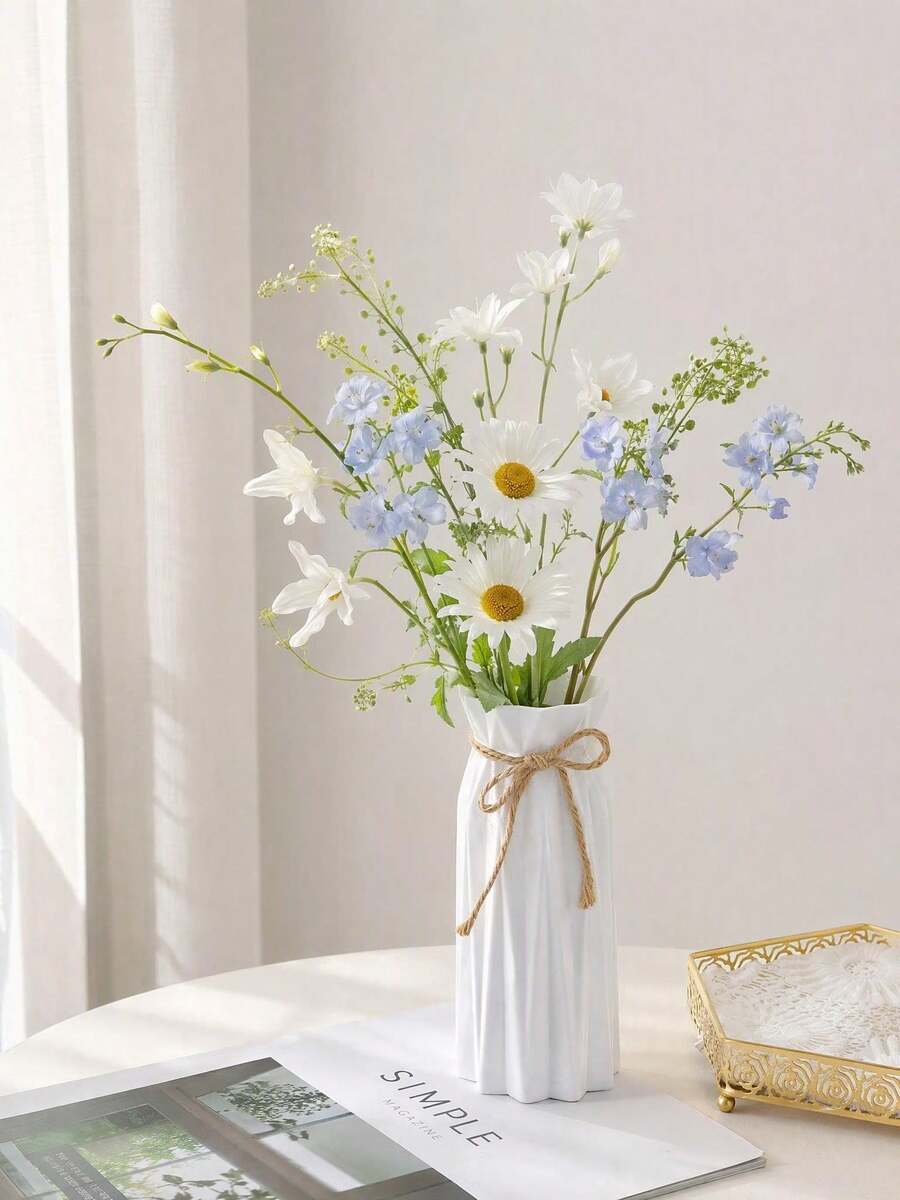 1 个塑料花瓶,高 6.9 英寸,折纸设计蒲苇花瓶,纯色塑料花瓶,陶瓷外观人造花瓶,适用于桌面中心装饰乡村农舍办公室家居客厅装饰节日气氛礼物 - 白色 - 查看 1