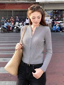 Women's Autumn/Winter Cable Knit Long Sleeve Zipper Front Casual Cardigan - Gray - View 3