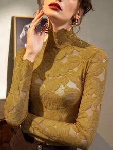 2026 Spring/Summer New Brushed Lace High Neck Inner Layer Base Top, Sheer Floral Crochet Elegant Long Sleeve Pretty Blouse For Women - Ginger Yellow - View 4