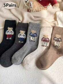 5 Pairs Women's Vintage Flocked Bear Mid-Calf Socks, Autumn/Winter Retro Cute Cartoon Sweater Bear Mid-Calf Socks, Soft Warm Casual Socks, Pointelle Knit Socks, Suitable For Daily Wear, Boots, Sneakers, Multi-Color Atmospheric Women's Socks - Multicolor - View 12