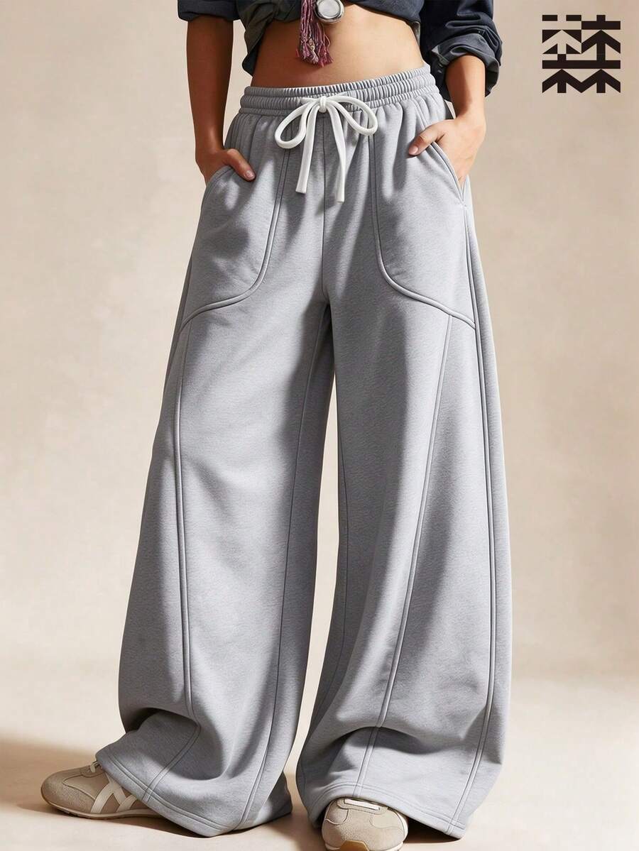 mulinsen Women's Heather Gray Curved Seam Loose Fit Sweatpants, Elastic Drawstring Waist, Casual Athletic Pants - Light Grey - View 1