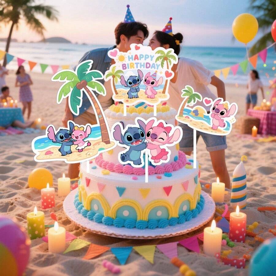 Lilo And Stitch Cake Toppers, Beach Theme Happy Birthday Cake Decorations With Stitch And Angel, Cartoon Cake Picks For Birthday Party Supplies - Multicolor - View 1