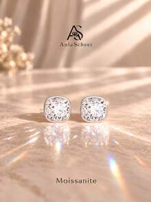 AnlaScheer 1pc S925 Sterling Silver Square Moissanite Flat Back Stud Earrings For Women, Classic Shiny Jewelry, Suitable For Daily Wear, Party, Date, Gift - Silver - View 2