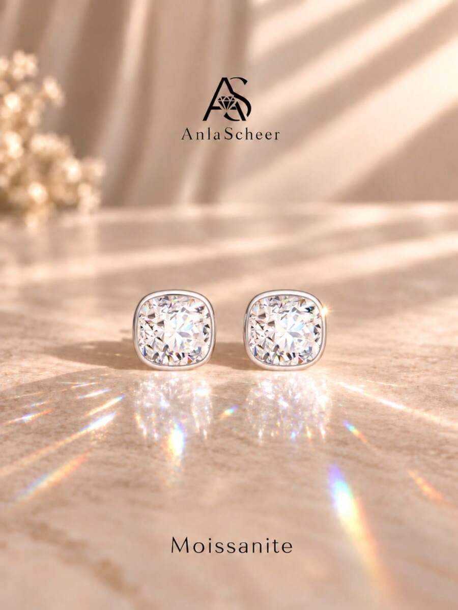 AnlaScheer 1pc S925 Sterling Silver Square Moissanite Flat Back Stud Earrings For Women, Classic Shiny Jewelry, Suitable For Daily Wear, Party, Date, Gift