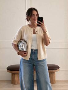 Women's Plus Size Short Sleeve Knit Cardigan, Regular Length, Medium Stretch, Fashion Sweater Top, Comfortable For Daily Wear - Champagne - View 10