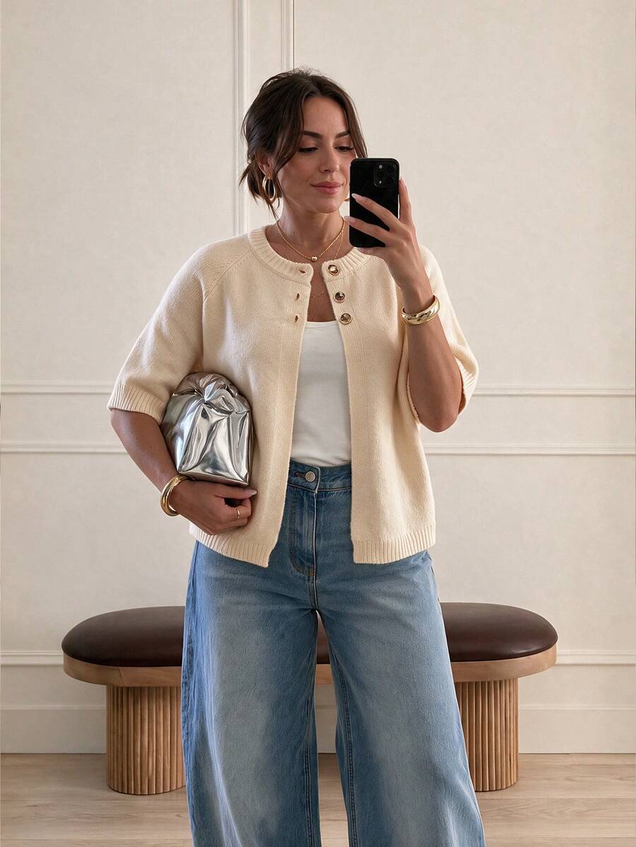 Women's Plus Size Short Sleeve Knit Cardigan, Regular Length, Medium Stretch, Fashion Sweater Top, Comfortable For Daily Wear - Champagne - View 1