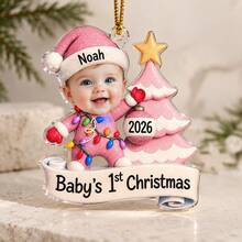 1pc Custom Baby's 1st Christmas Photo And Text Ornament, Personalized Glitter Santa Baby Outfit Keepsake Gift,Newborn First Christmas Memory - Multicolor - View 12