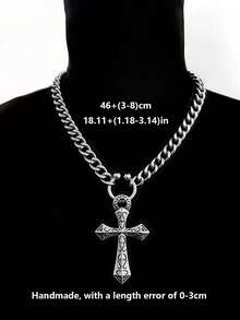 1pc Men's Pendant Necklace, Silver Stainless Steel Waterproof Anti-Fading Anti-Allergic Round Ring Cross Pendant Vintage Versatile Necklace Autumn Style Suitable For Daily Wear - Silver - View 3